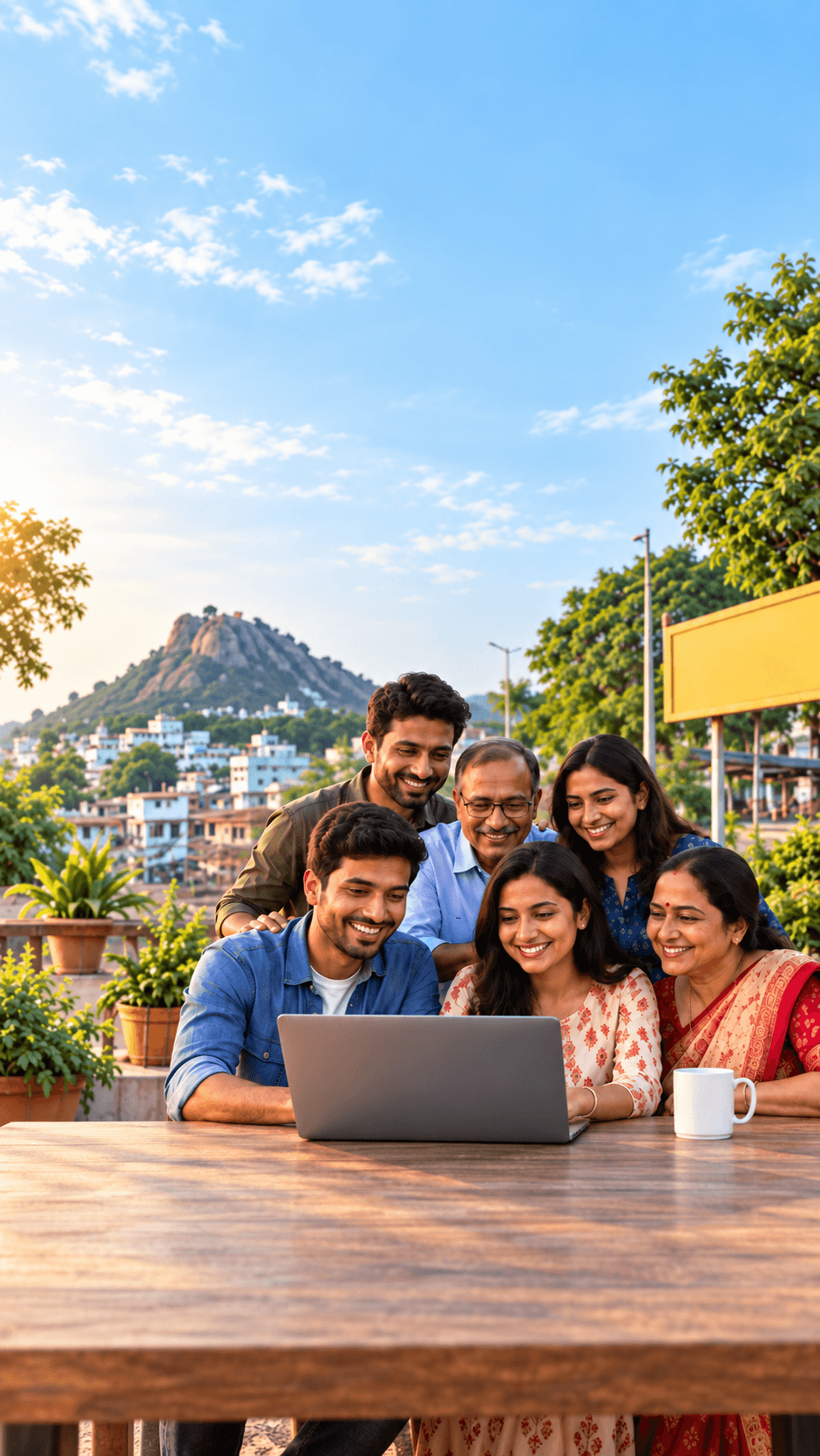 local community gathered around a laptop beside a Giridih sign