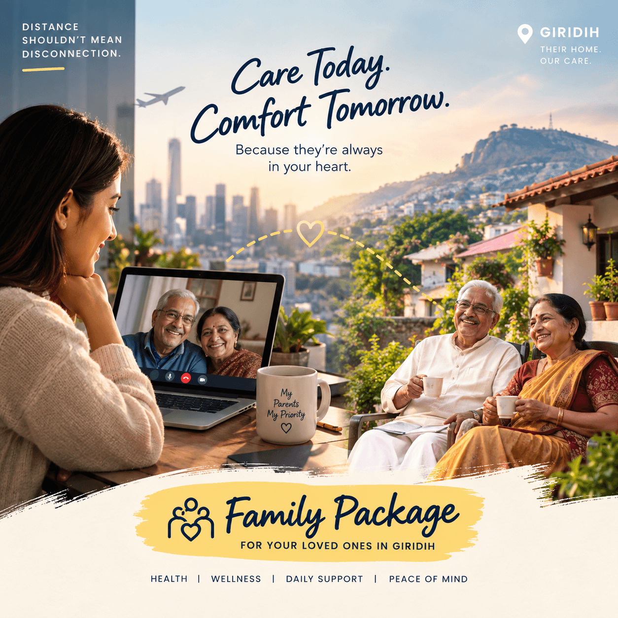 A family member speaks with parents locally by video call
