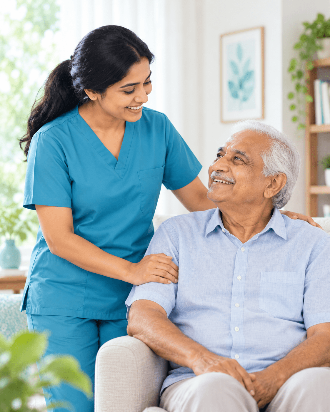 A care professional supporting an older adult at home