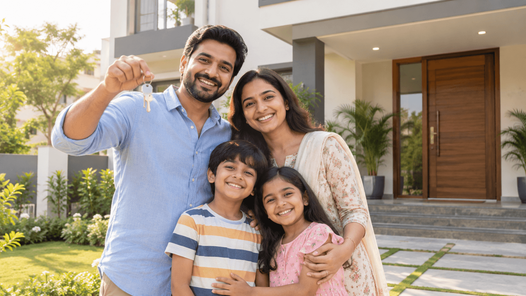 Family receiving keys outside a new home