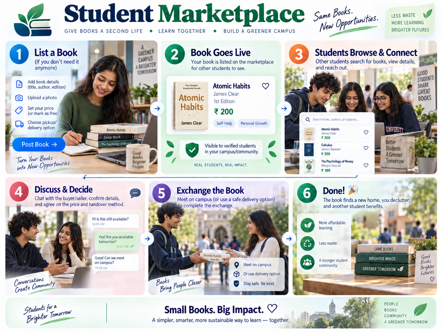 Student Marketplace six-step workflow: list an item, it goes live, students browse and connect, discuss, exchange safely, and pass it on.